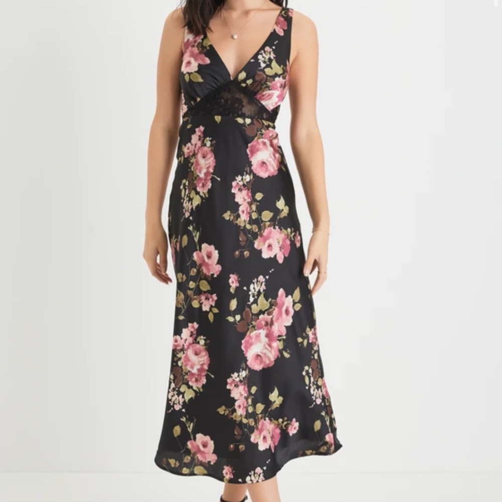 NWT Lulus Remarkable Sweetie Black Satin Floral Print Lace Midi Dress - Size L